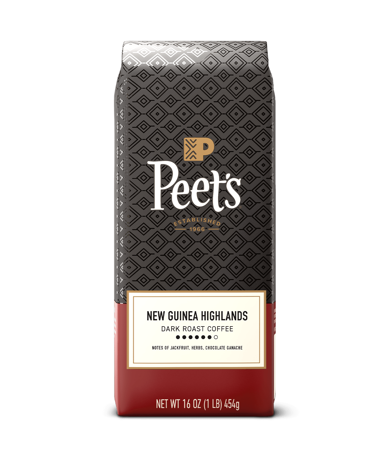 Peet's coffee New Guinea Highlands bag with a black and red design on a green background